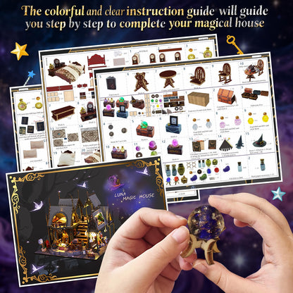 FLYINTOYS DIY Miniature House Kit with LED Light, Mini House Building Kit with Furniture, 3D Wooden Puzzles Dollhouse Bookshelf Insert Decor Kit for Family and Friends (Luna's Magic House)