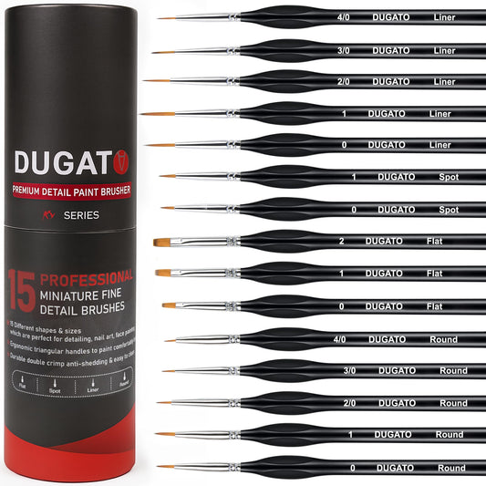 DUGATO Fine Detail Paint Brush Set (15pc) - Miniature Brushes with Ergonomic Triangular Handles & Travel Case for Acrylic, Watercolor, Oil, Models & Warhammer