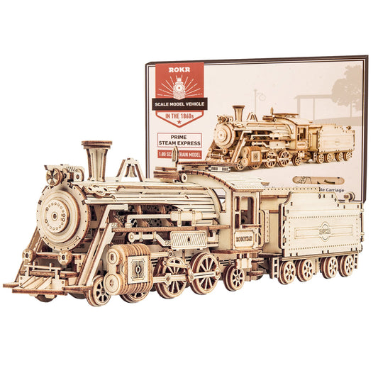 ROKR 3D Wooden Puzzle for Adults-Mechanical Train Model Kits-Brain Teaser Puzzles-Vehicle Building Kits-Unique Gift for Teens on Birthday/Christmas Day(1:80 Scale)(MC501-Prime Steam Express)
