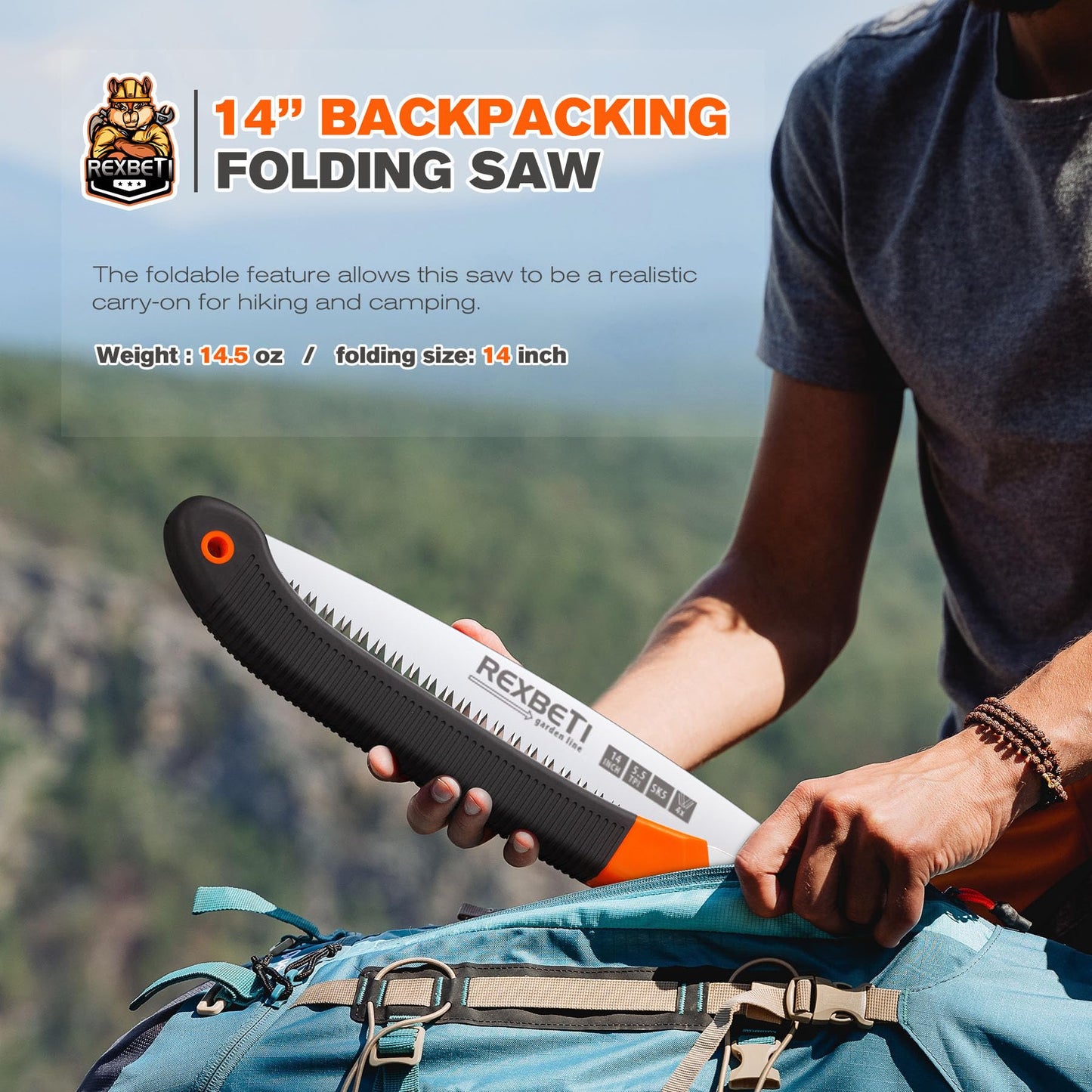 REXBETI Folding Saw, Extra Long 14 Inch Blade Backpacking Saws for Hiking Camping, Dry Wood Trimming Pruning Saw With 4 Cutting Angle Hard Teeth, Large Garden Saws with SK-5 Steel