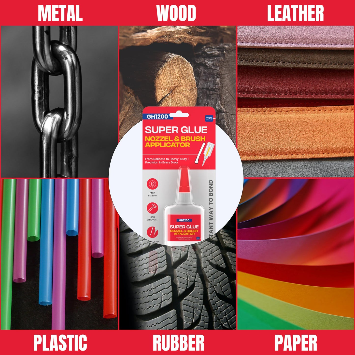 GH1200 (2-in-1) Super Glue with Brush Applicator & Nozzle, Mess Free Superglue Brush, Instant Never Dries, 3000 CPS Ca Glue, No Stain Clear Glue, Super Glue for Plastic, Rubber & More