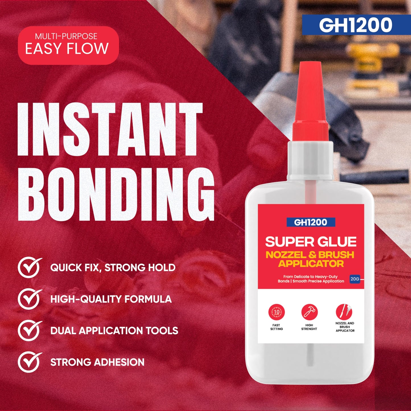GH1200 (2-in-1) Super Glue with Brush Applicator & Nozzle, Mess Free Superglue Brush, Instant Never Dries, 3000 CPS Ca Glue, No Stain Clear Glue, Super Glue for Plastic, Rubber & More