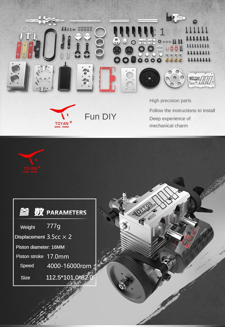 TOYAN FS-L200AC Twin-Cylinder 4-Stroke Nitro Engine – Functional DIY Air-Cooled Metal Model Kit
