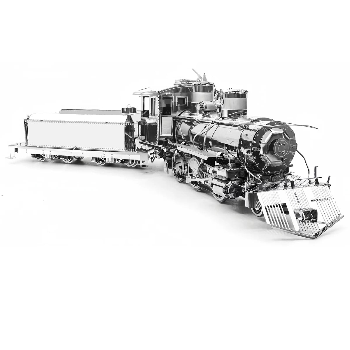 A finished stainless steel 3D metal puzzle of a classic steam locomotive with intricate gear and wheel details, shining under a desk lamp.