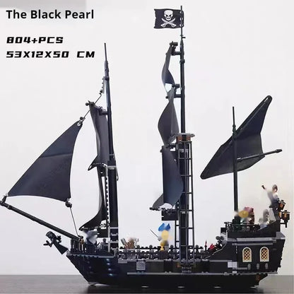 Detailed Black Pearl pirate ship building block model with black sails and over 800 pieces, displayed as a premium collector masterpiece.