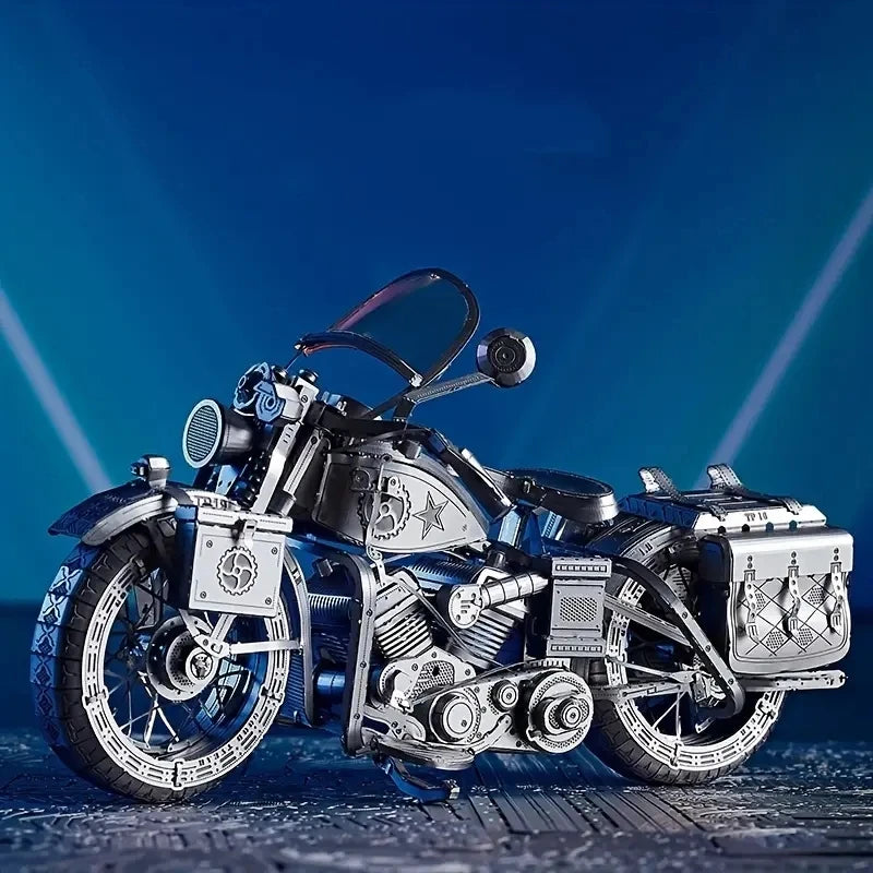 A sleek, assembled 3D metal puzzle of a Harley-style cruiser motorcycle, reflecting light off its polished stainless steel surfaces.