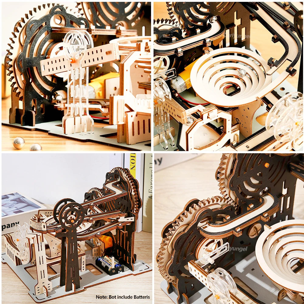 A completed mechanical marble run 3D wooden puzzle with intricate gears and steel marbles, showcasing kinetic engineering in a professional home office setting.