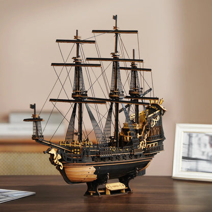 A professional close-up of the completed ROKR Seahorse Barque pre-colored 3D wooden puzzle, showcasing intricate baroque details and gold accents.