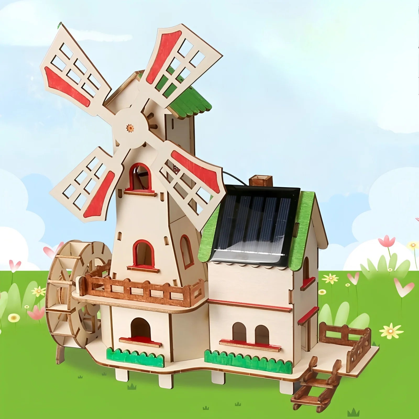 Solar-Powered-3D-Wooden-Windmill-House-DIY-Science-Experiment-FREETIMEJOY-Green-Energy-Hobby