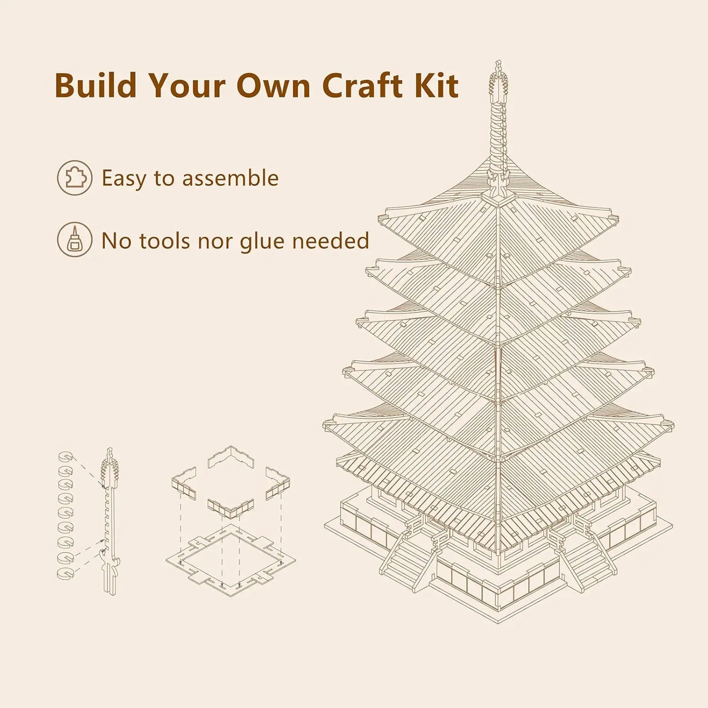 Robotime-Five-Storied-Pagoda-3D-Wooden-Puzzle-Architectural-Model-Kit-FREETIMEJOY-Woodcraft-Hobby