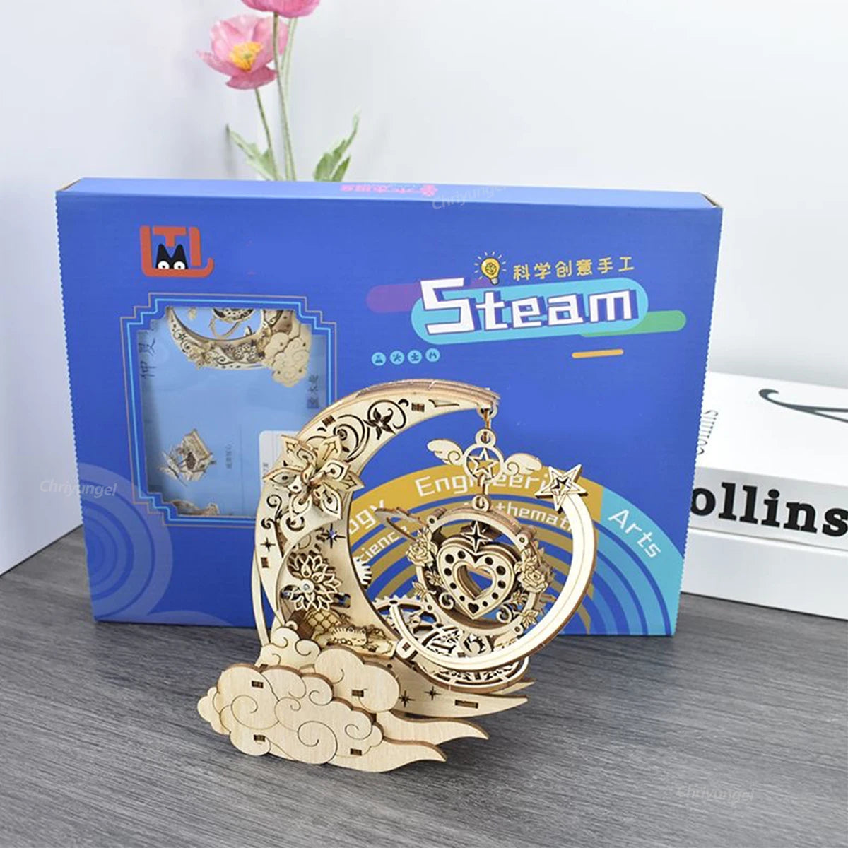 Celestial Moon & Star Rotating Music Box – 3D Mechanical Wooden Model