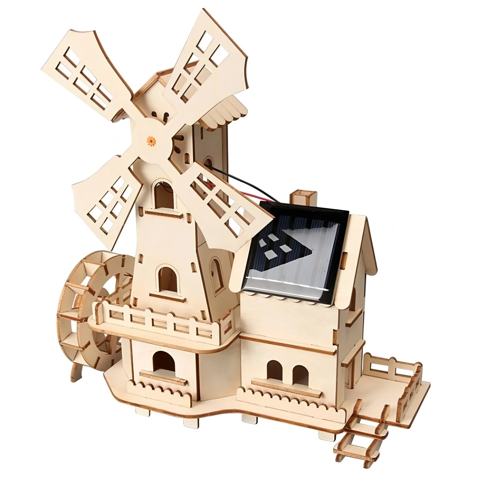 Solar-Powered-3D-Wooden-Windmill-House-DIY-Science-Experiment-FREETIMEJOY-Green-Energy-Hobby