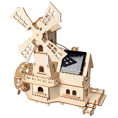 Solar-Powered-3D-Wooden-Windmill-House-DIY-Science-Experiment-FREETIMEJOY-Green-Energy-Hobby