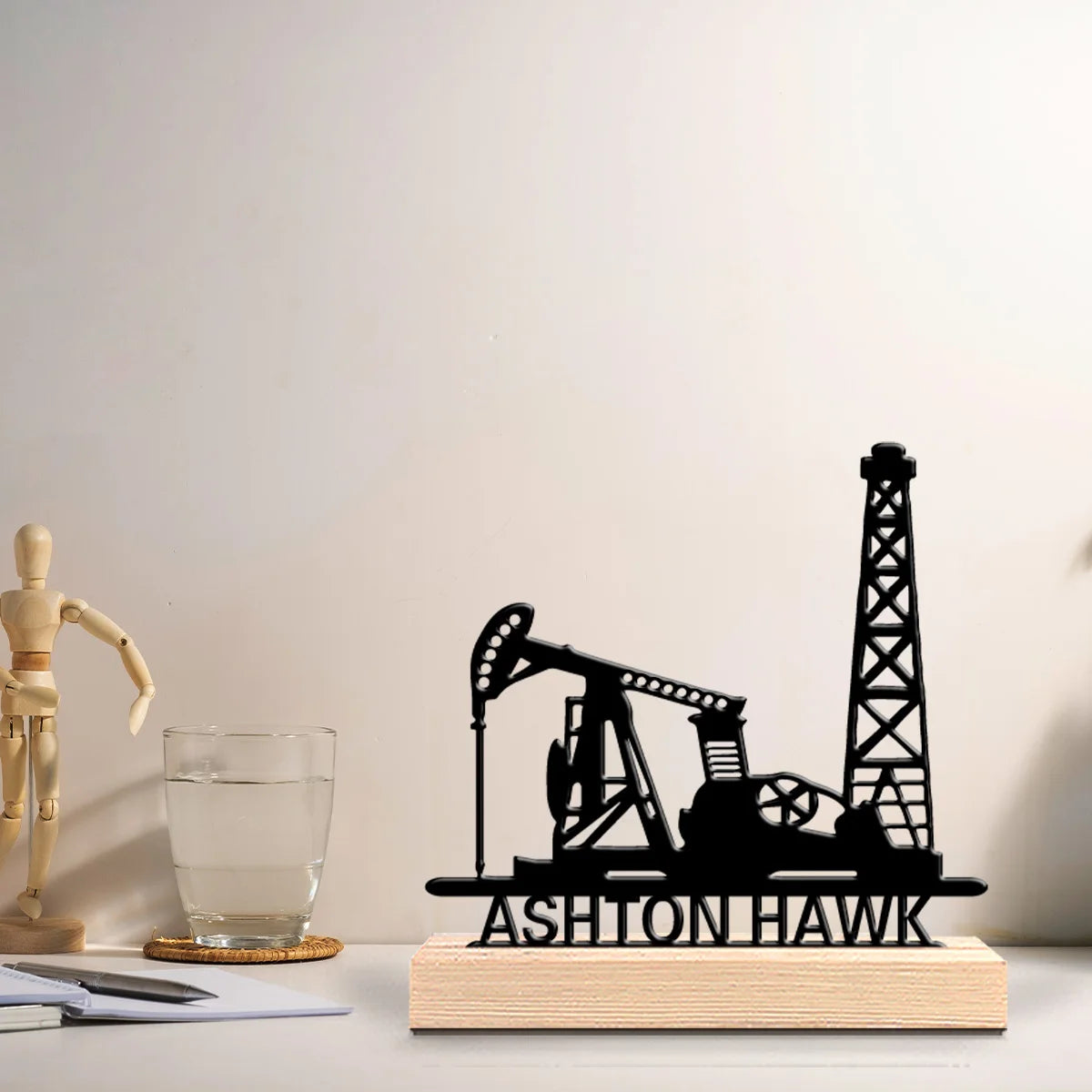 Custom-Metal-Oil-Drilling-Well-Derrick-Sculpture-Wooden-Base-FREETIMEJOY-Industrial-Hobby