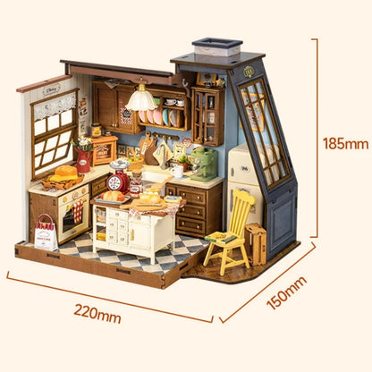 Rolife Baking Kitchen DIY Miniature House | 1:18 scale 3D Wooden Puzzle Kit | Vintage Dollhouse with LED Lights