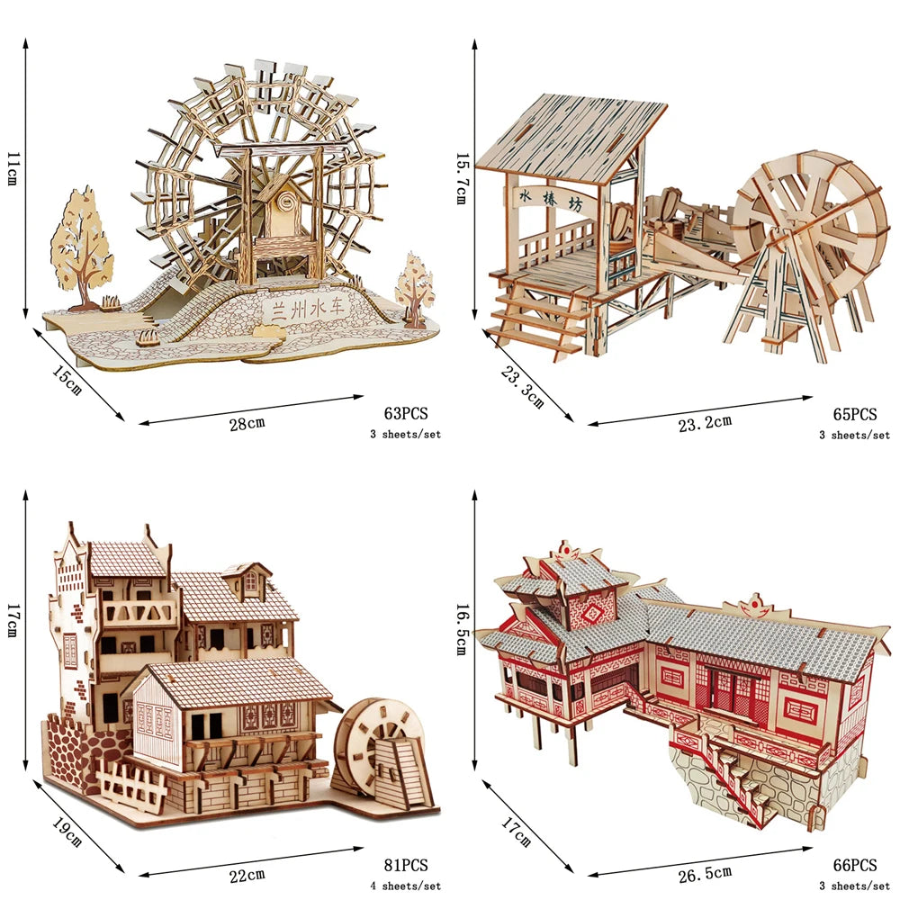 A collection of four traditional Chinese wooden building puzzles, including a water mill and stilt houses, showing detailed interlocking wood architecture.