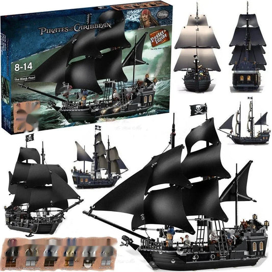 Detailed Black Pearl pirate ship building block model with black sails and over 800 pieces, displayed as a premium collector masterpiece.