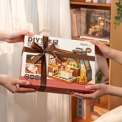 Rolife Baking Kitchen DIY Miniature House | 1:18 scale 3D Wooden Puzzle Kit | Vintage Dollhouse with LED Lights