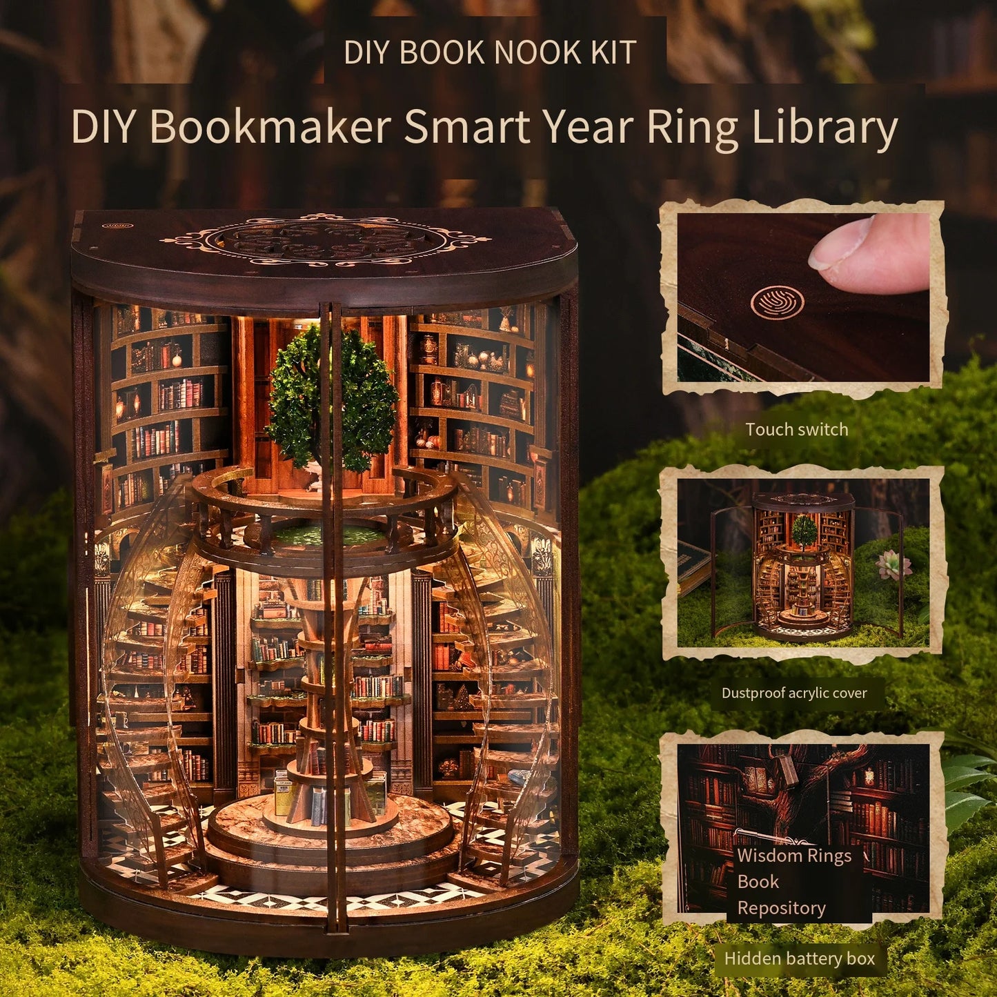 Wisdom-Ring-Book-Nook-DIY-Kit-3D-Wooden-Library-Model-Glowing-Bookend-FREETIMEJOY-Artisan-Hobby