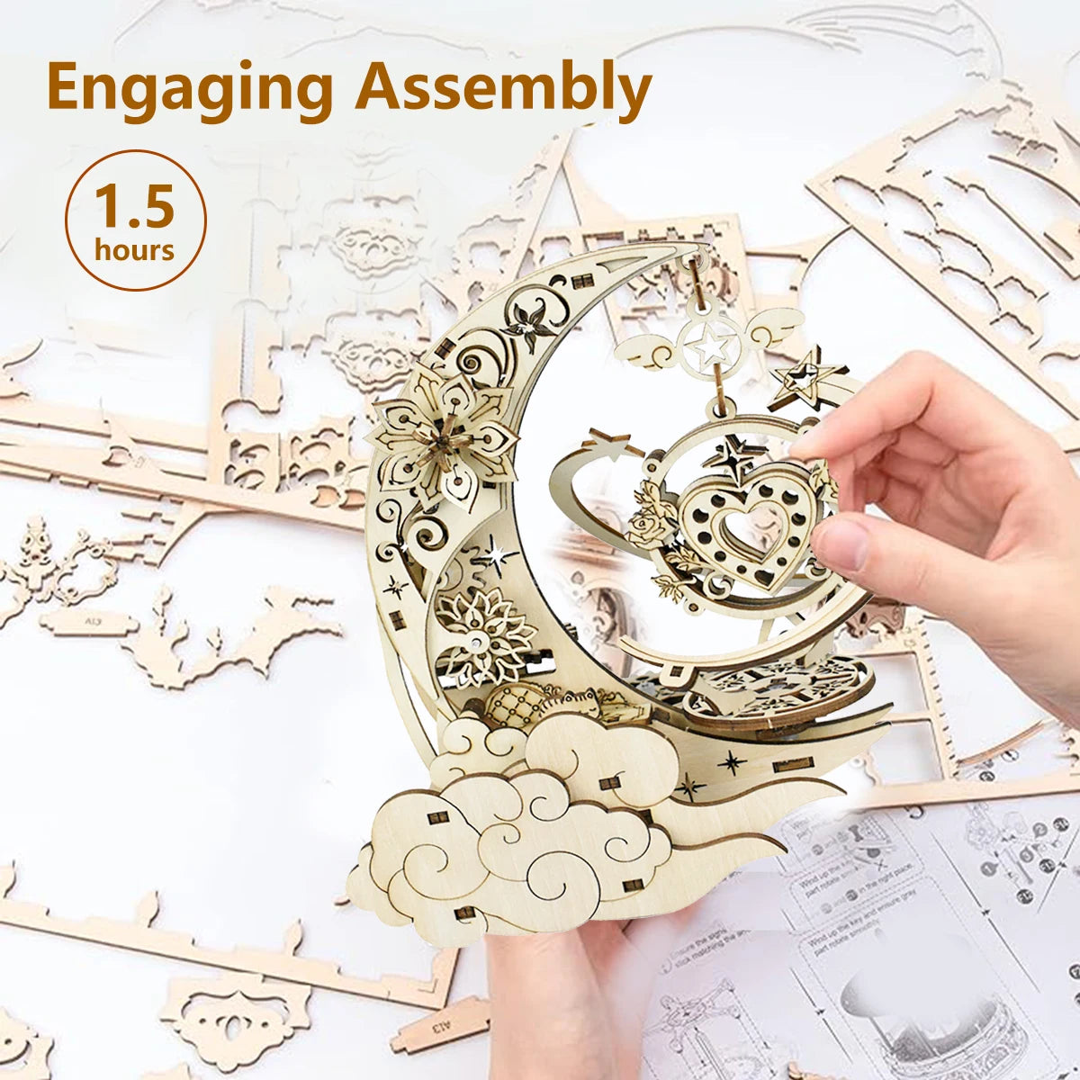 Celestial Moon & Star Rotating Music Box – 3D Mechanical Wooden Model