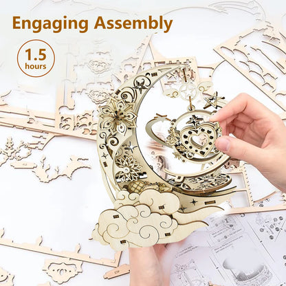 Celestial Moon & Star Rotating Music Box – 3D Mechanical Wooden Model