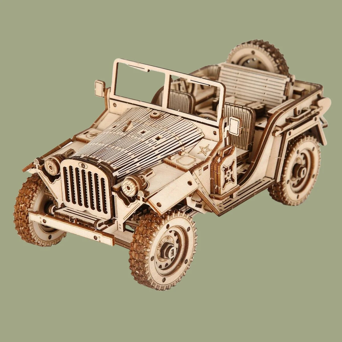 A completed vintage race car 3D wooden puzzle with detailed spoked wheels and open-cockpit design, displayed on a professional office desk.