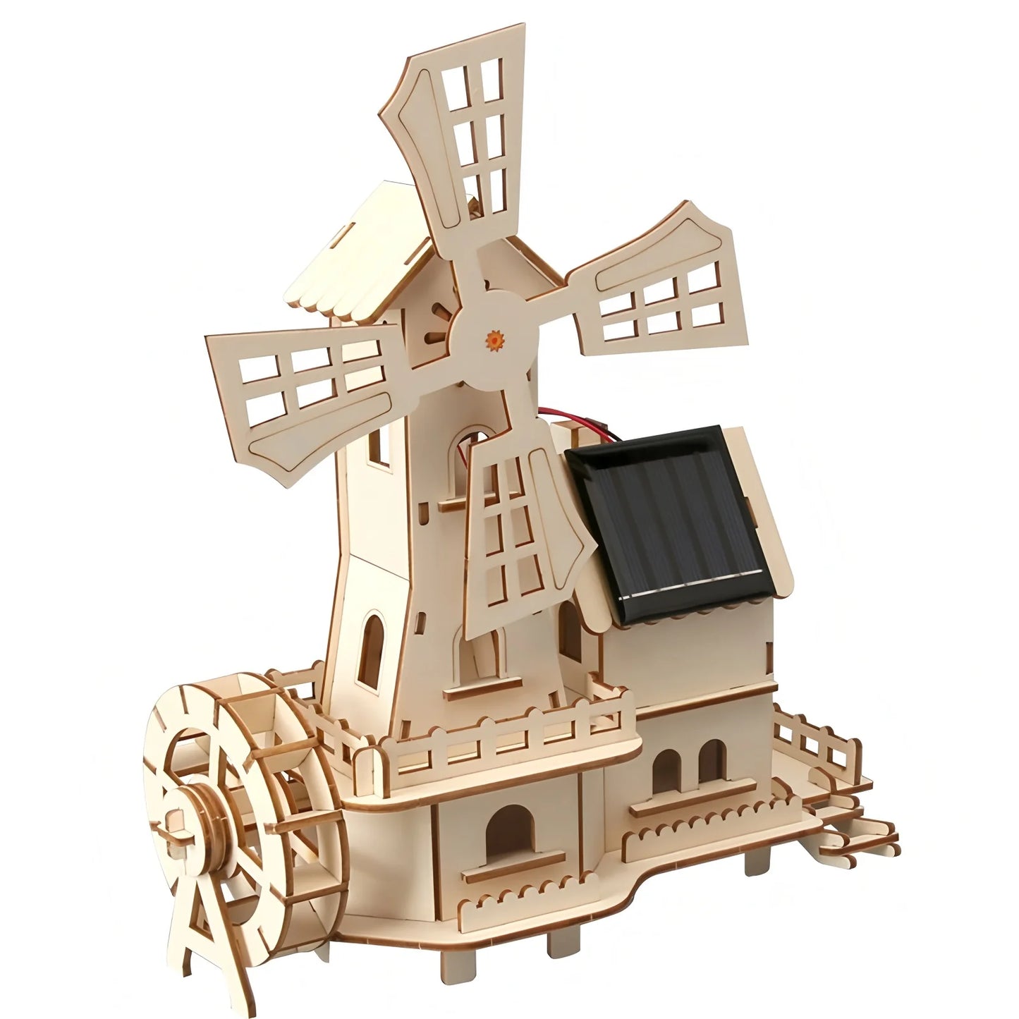 Solar-Powered-3D-Wooden-Windmill-House-DIY-Science-Experiment-FREETIMEJOY-Green-Energy-Hobby