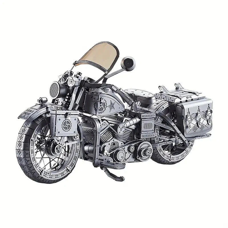 A sleek, assembled 3D metal puzzle of a Harley-style cruiser motorcycle, reflecting light off its polished stainless steel surfaces.