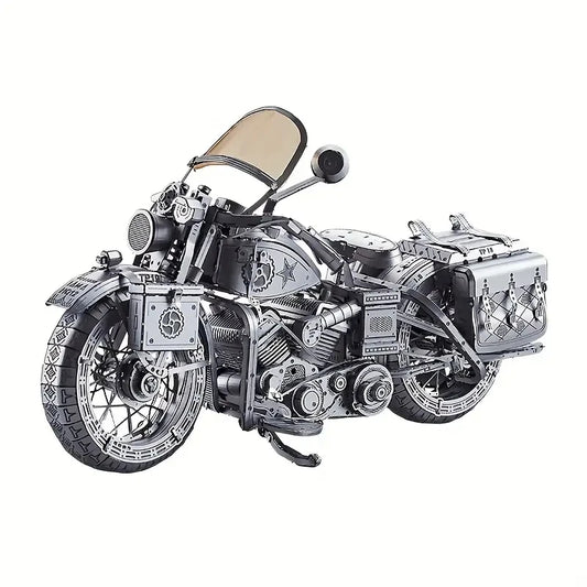 A sleek, assembled 3D metal puzzle of a Harley-style cruiser motorcycle, reflecting light off its polished stainless steel surfaces.