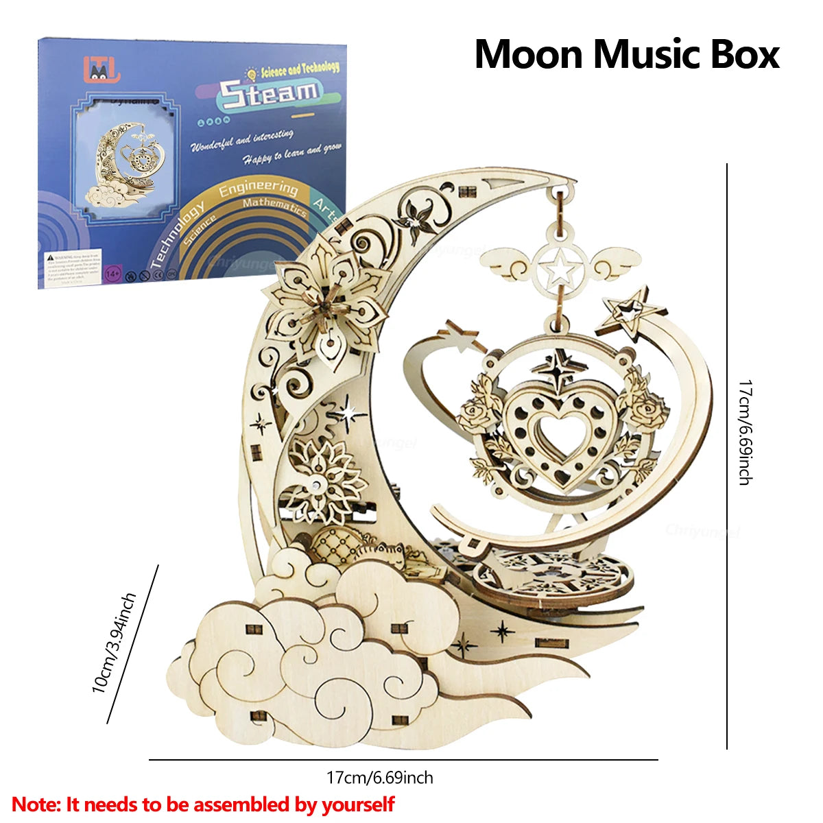 Celestial Moon & Star Rotating Music Box – 3D Mechanical Wooden Model