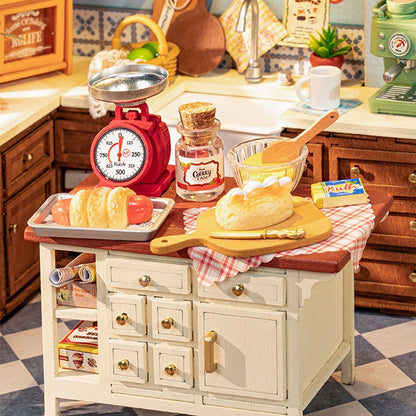 Rolife Baking Kitchen DIY Miniature House | 1:18 scale 3D Wooden Puzzle Kit | Vintage Dollhouse with LED Lights
