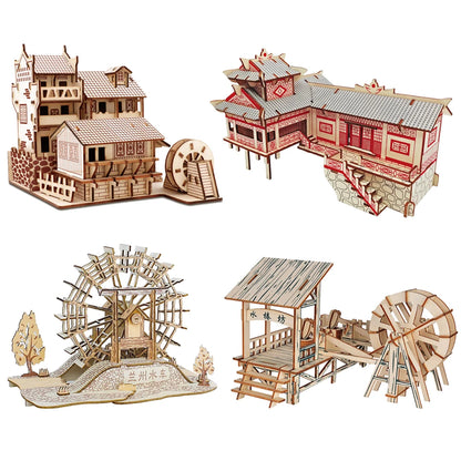 A collection of four traditional Chinese wooden building puzzles, including a water mill and stilt houses, showing detailed interlocking wood architecture.