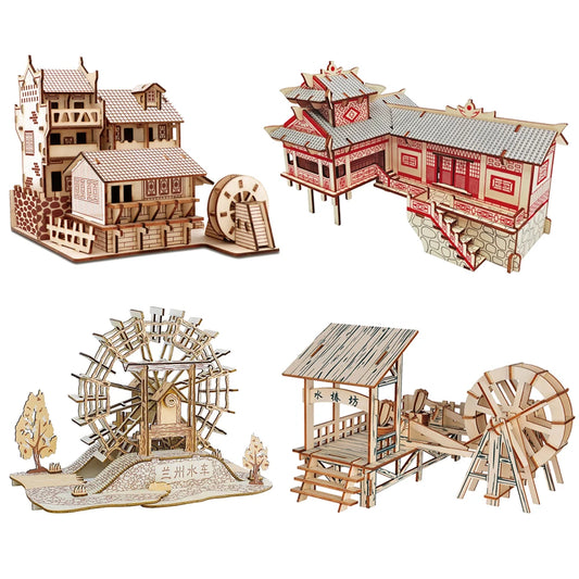 A collection of four traditional Chinese wooden building puzzles, including a water mill and stilt houses, showing detailed interlocking wood architecture.