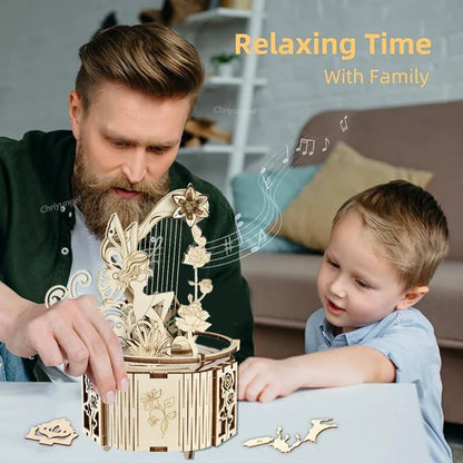 Celestial Moon & Star Rotating Music Box – 3D Mechanical Wooden Model