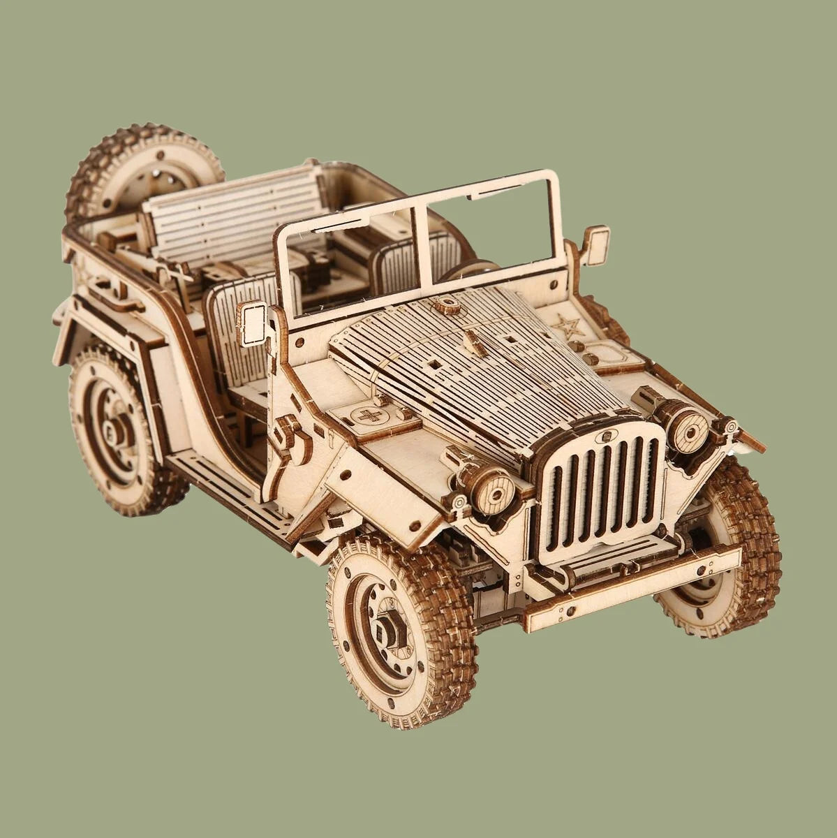 A completed vintage race car 3D wooden puzzle with detailed spoked wheels and open-cockpit design, displayed on a professional office desk.