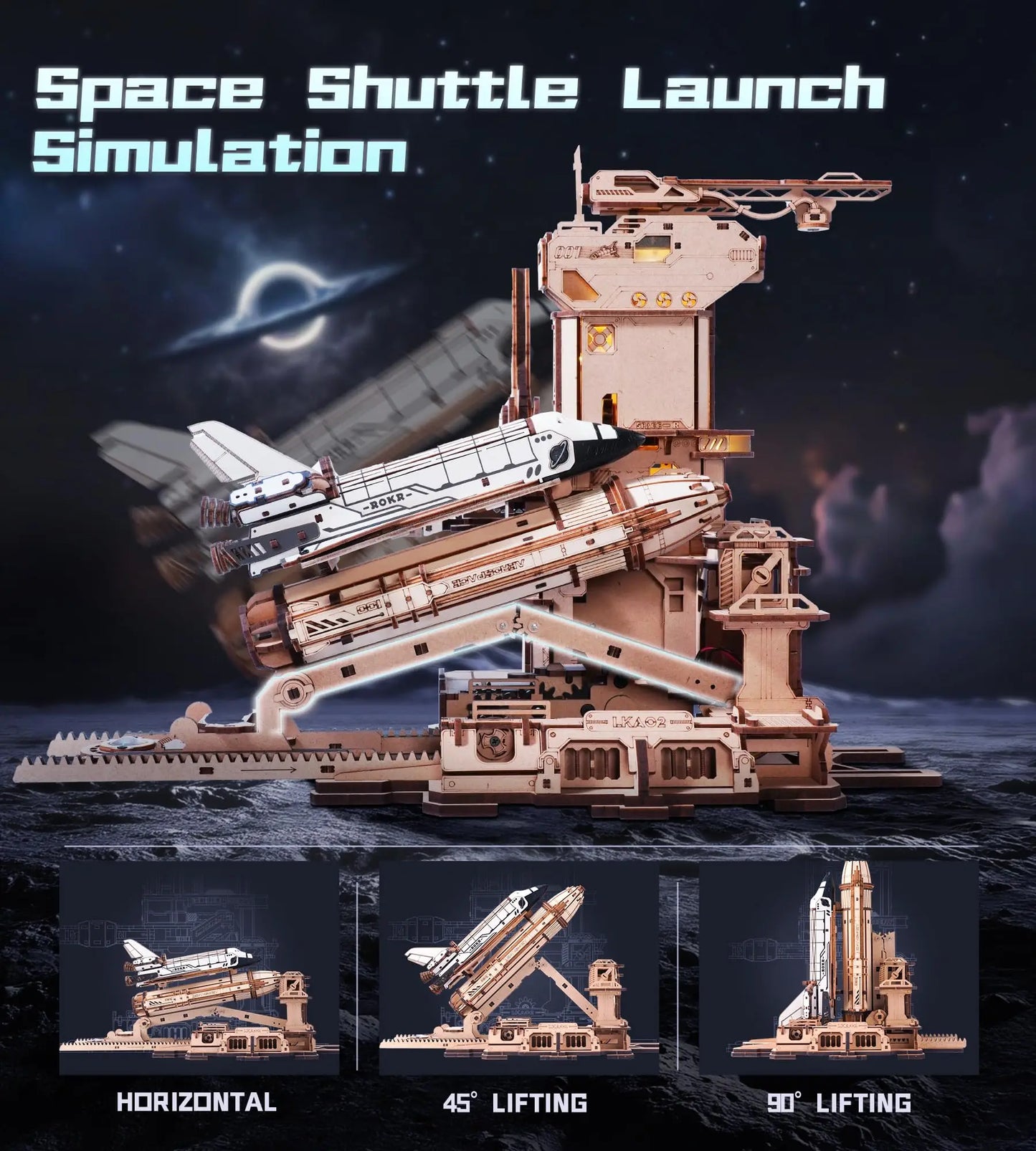 ROKR Space Shuttle 3D Wooden Puzzle – Mechanical Launch Tower with LED Lights