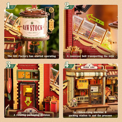 A completed ROKR Christmas Dream Gift Factory mechanical music box, showing moving wooden gears and festive holiday details in a warm, lit setting