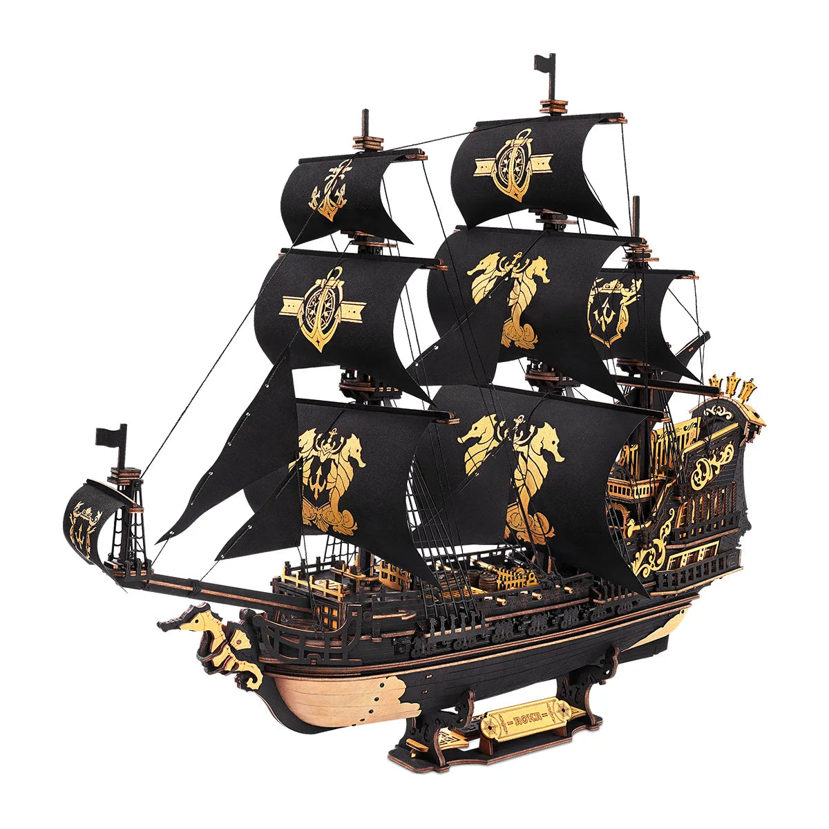 A professional close-up of the completed ROKR Seahorse Barque pre-colored 3D wooden puzzle, showcasing intricate baroque details and gold accents.
