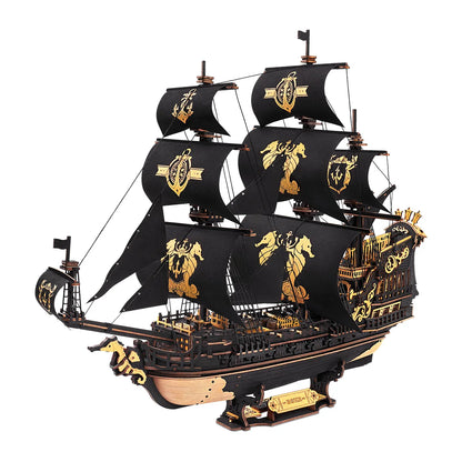 A professional close-up of the completed ROKR Seahorse Barque pre-colored 3D wooden puzzle, showcasing intricate baroque details and gold accents.