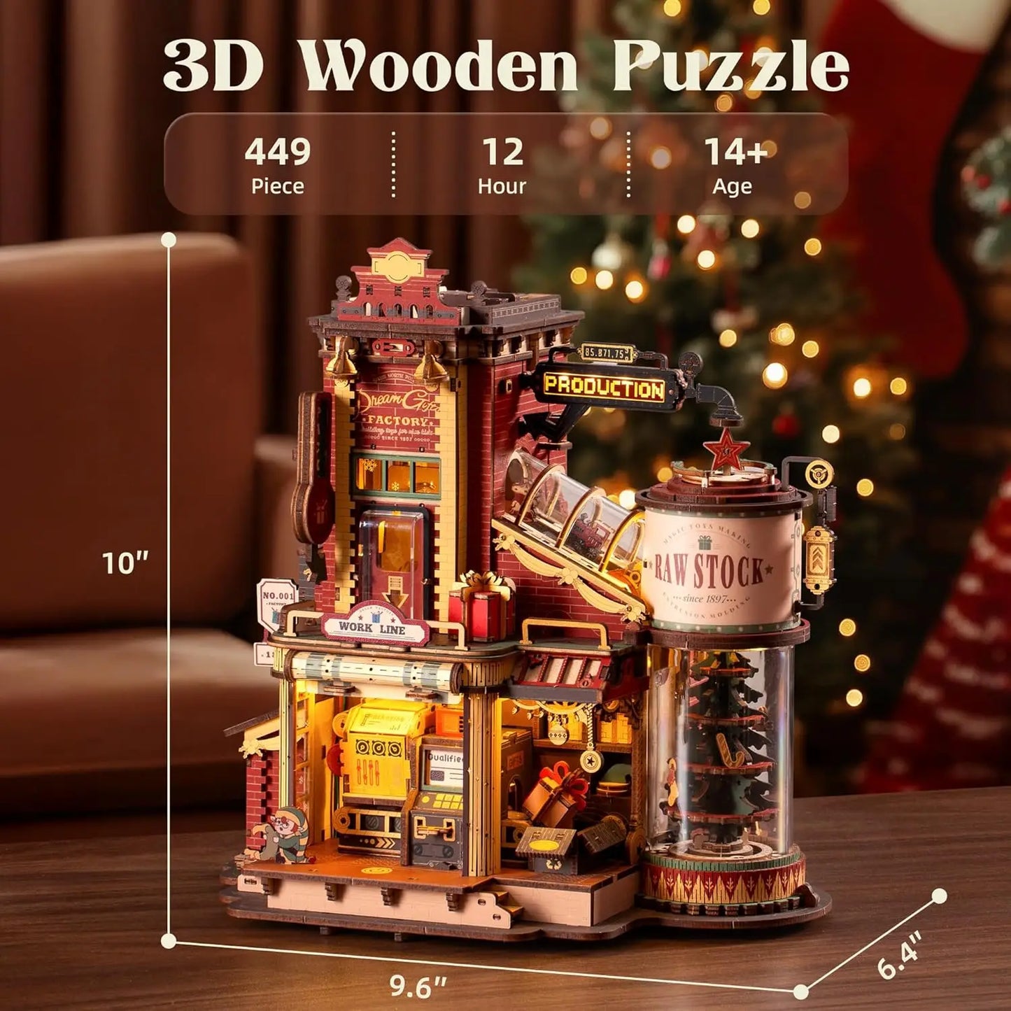 A completed ROKR Christmas Dream Gift Factory mechanical music box, showing moving wooden gears and festive holiday details in a warm, lit setting