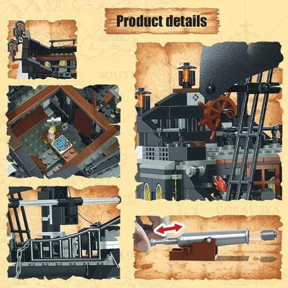 Detailed Black Pearl pirate ship building block model with black sails and over 800 pieces, displayed as a premium collector masterpiece.