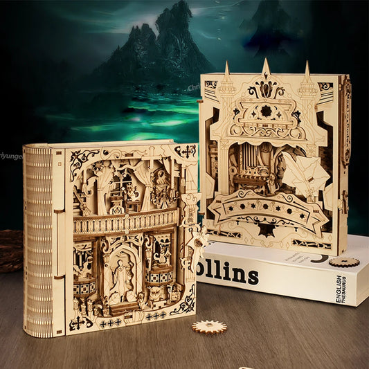 An intricately designed wooden book-shaped puzzle that opens to reveal a hidden miniature room with vintage furniture and warm lighting.