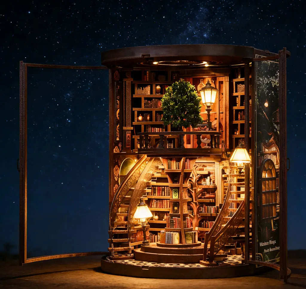 Wisdom-Ring-Book-Nook-DIY-Kit-3D-Wooden-Library-Model-Glowing-Bookend-FREETIMEJOY-Artisan-Hobby