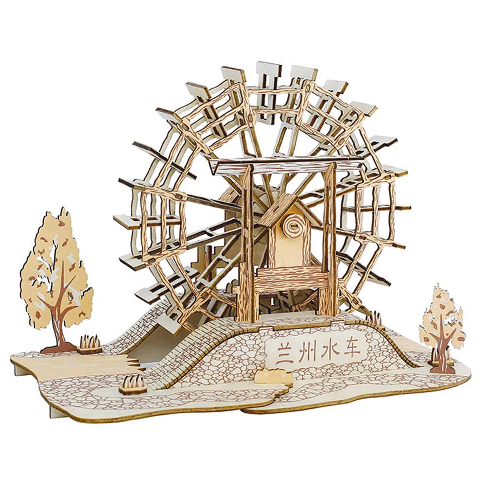 A collection of four traditional Chinese wooden building puzzles, including a water mill and stilt houses, showing detailed interlocking wood architecture.