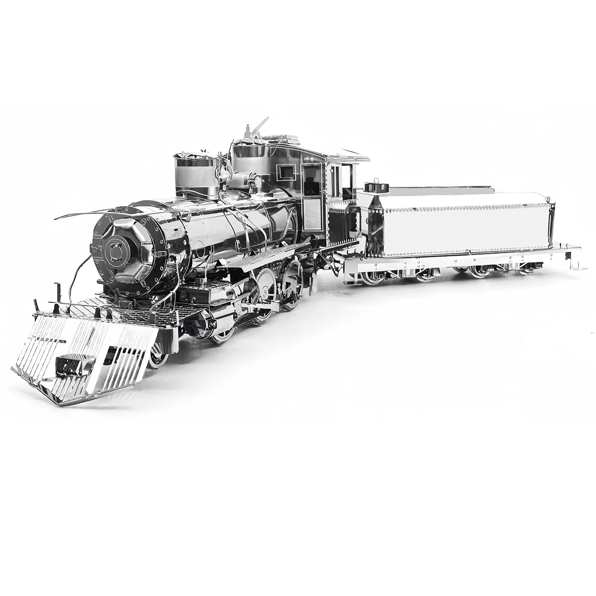 A finished stainless steel 3D metal puzzle of a classic steam locomotive with intricate gear and wheel details, shining under a desk lamp.