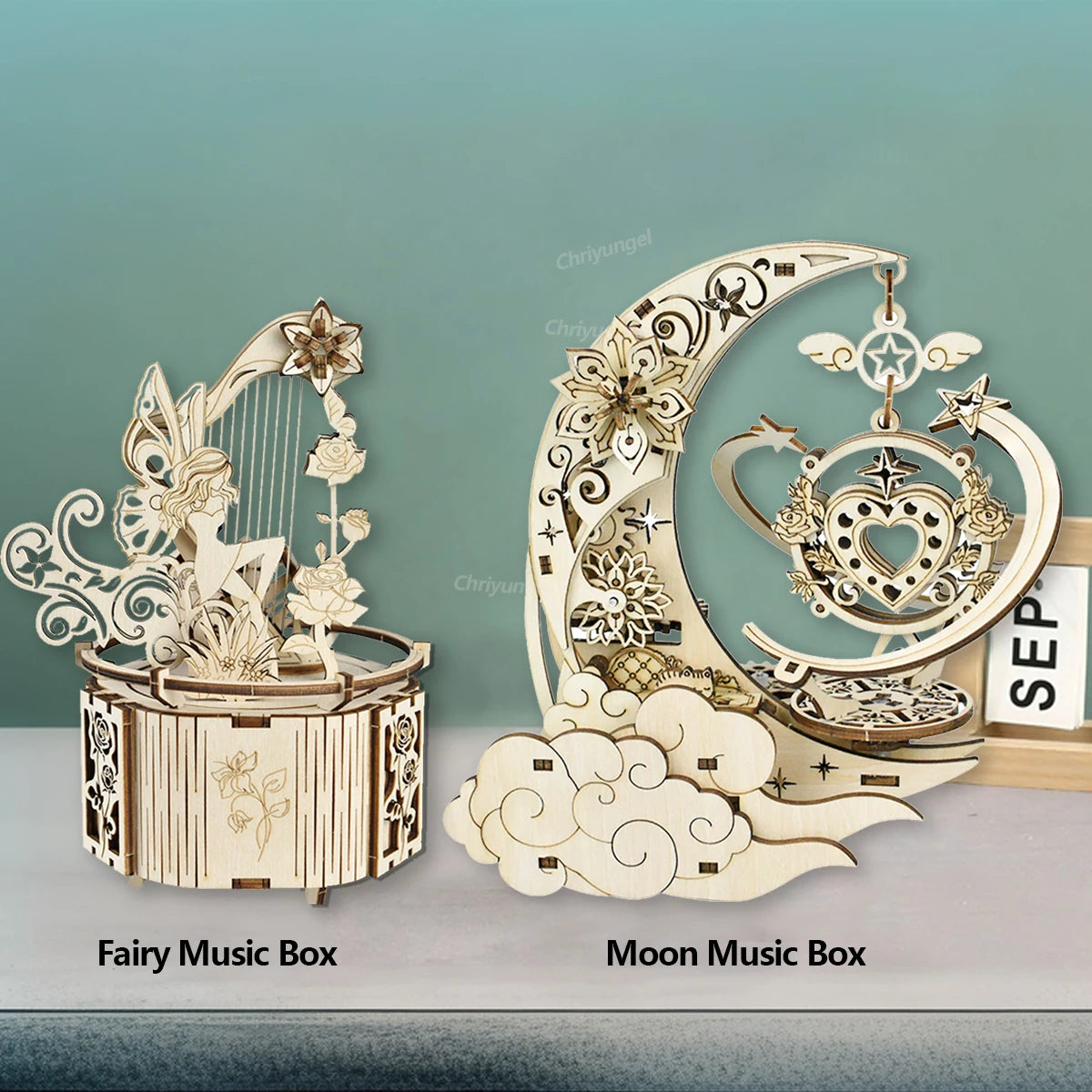 Celestial Moon & Star Rotating Music Box – 3D Mechanical Wooden Model