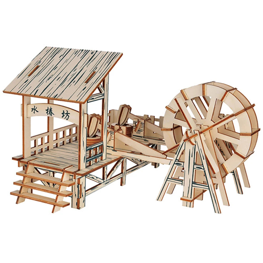 A collection of four traditional Chinese wooden building puzzles, including a water mill and stilt houses, showing detailed interlocking wood architecture.