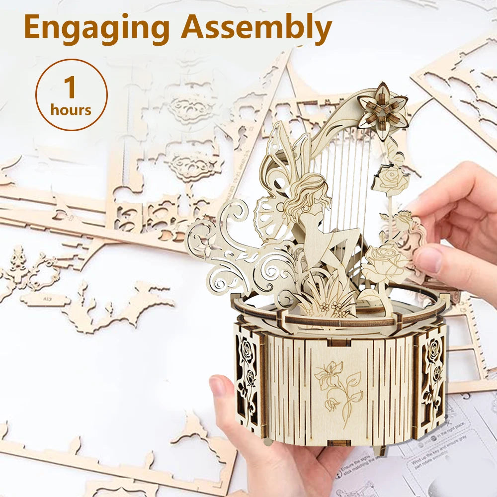 Celestial Moon & Star Rotating Music Box – 3D Mechanical Wooden Model
