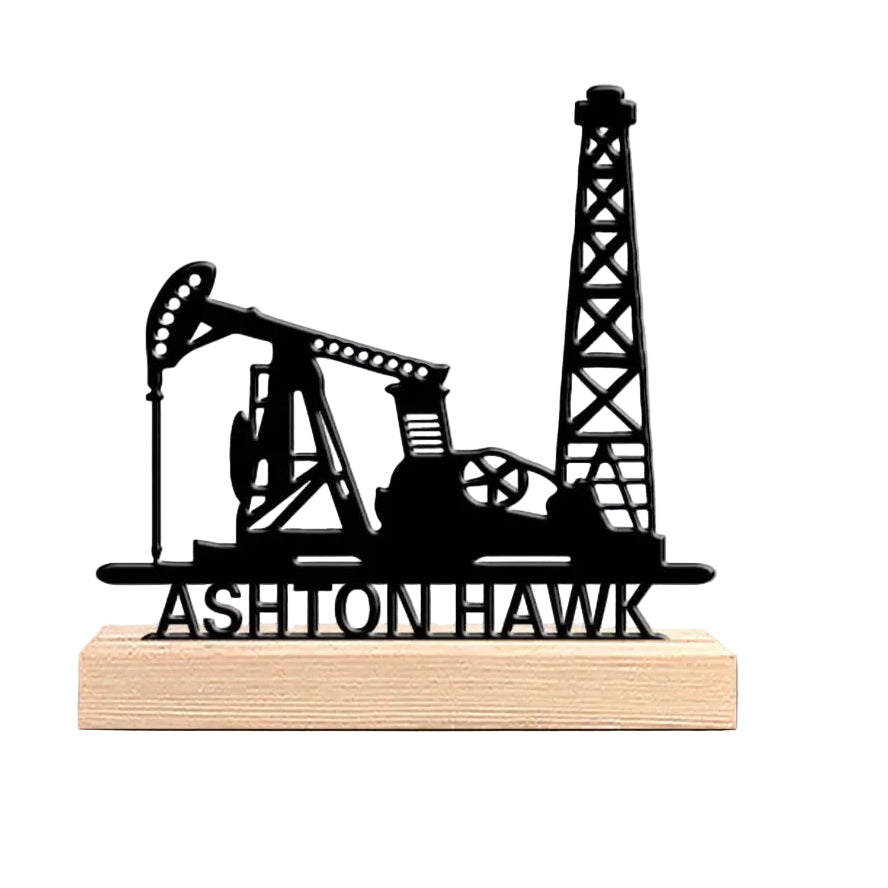 Custom-Metal-Oil-Drilling-Well-Derrick-Sculpture-Wooden-Base-FREETIMEJOY-Industrial-Hobby