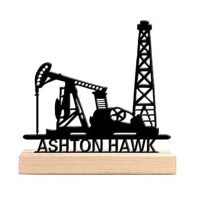 Custom-Metal-Oil-Drilling-Well-Derrick-Sculpture-Wooden-Base-FREETIMEJOY-Industrial-Hobby